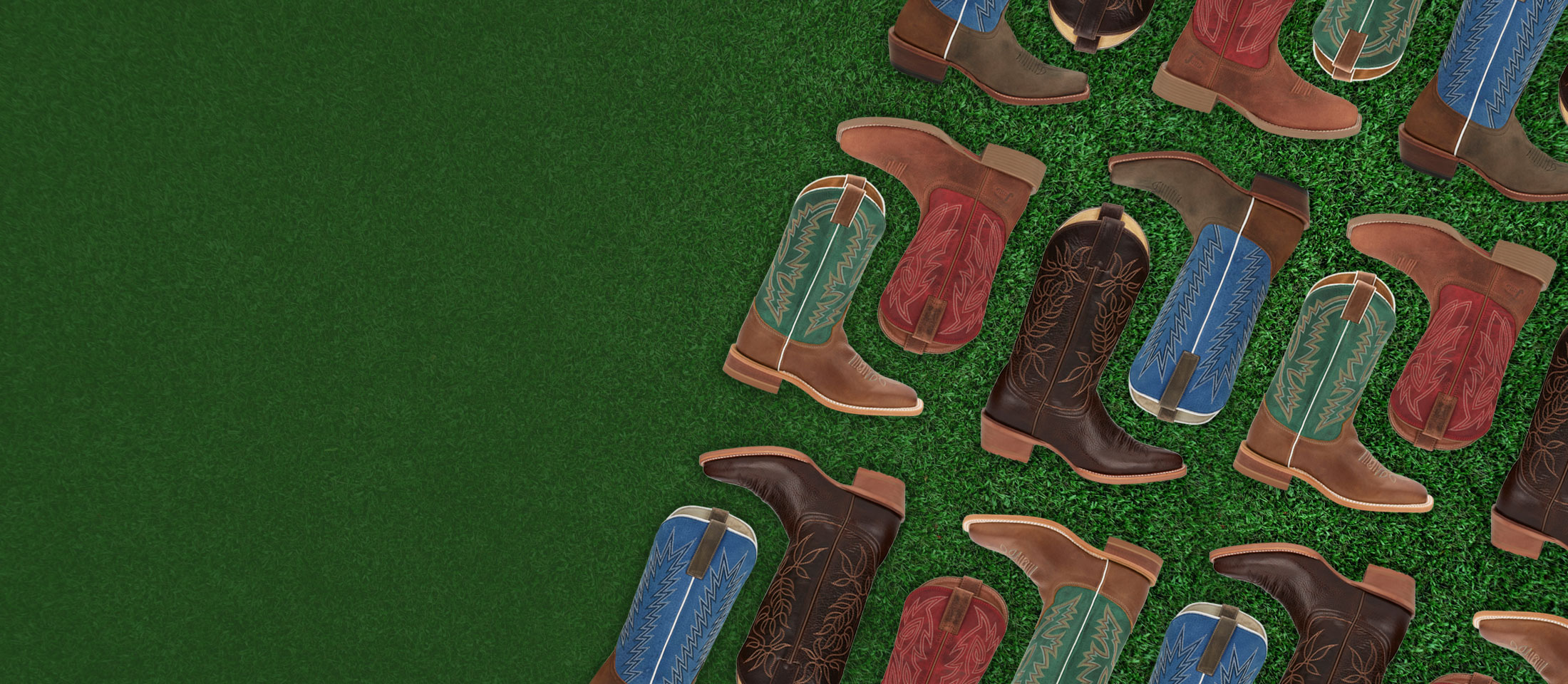 A collage of colorful western boots on top of green turf.